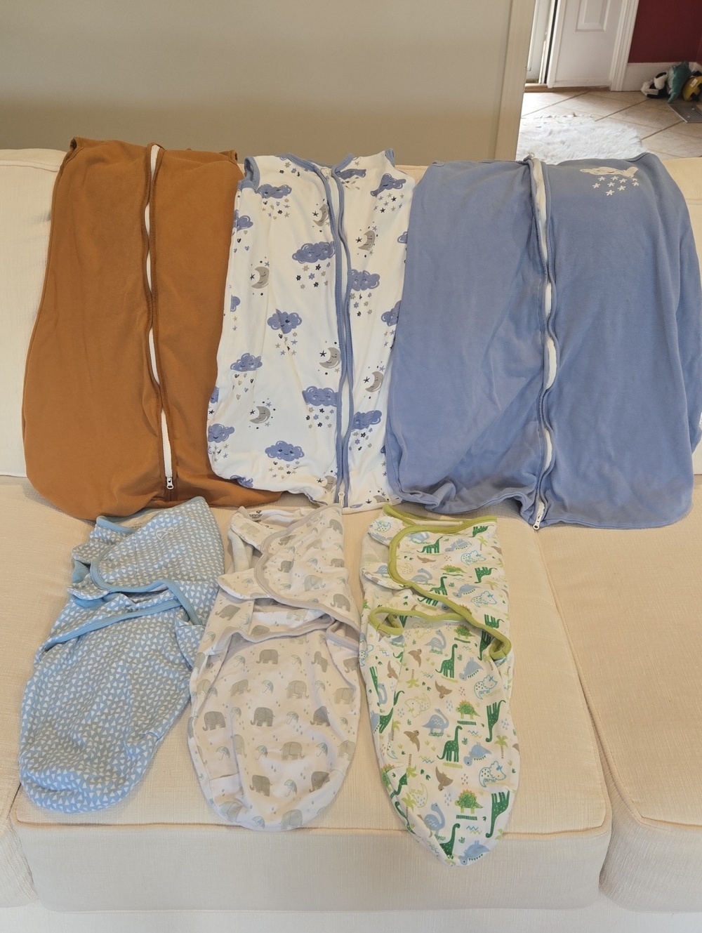 Baby Sleep Sacks and Swaddles Bundle - Blue, White, Tan, Green